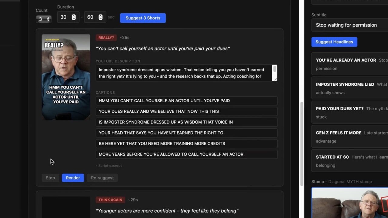 A selected vertical clip with editable description and captions inside YouPush
